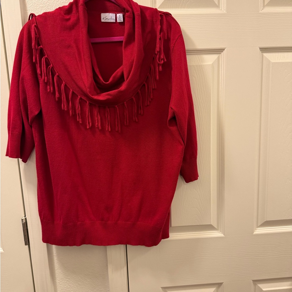 Kenar Red Cowl Neck Sweater with Fringe